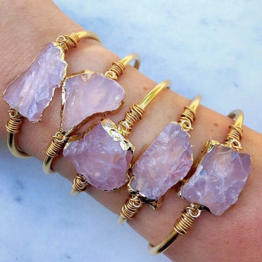 Rose Quartz Gold Plated Cuff Wire Wrapped Bracelet - Life Gardening Tools LLC