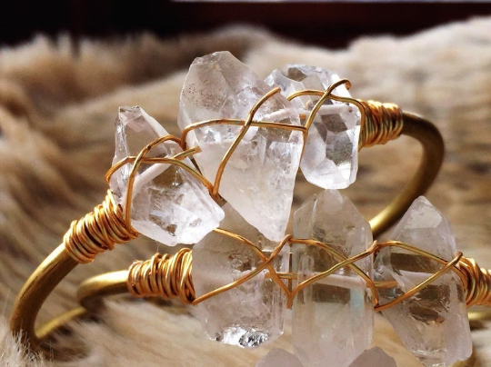 Quartz gold plated brass wire wrapped cuff bracelet - Life Gardening Tools LLC