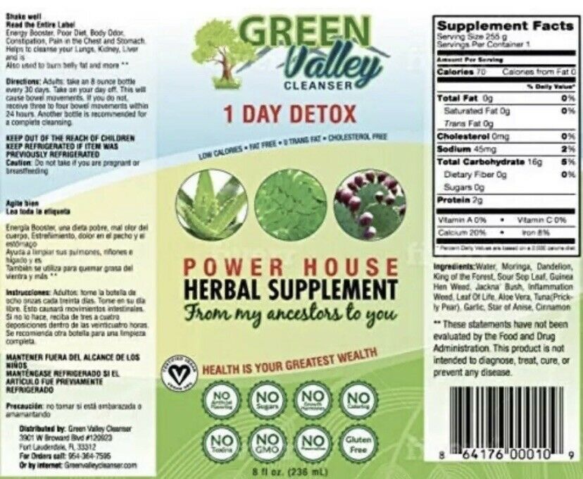 1 Day Detox 8oz, Green Valley Cleanser Power House Herbal Supplement
